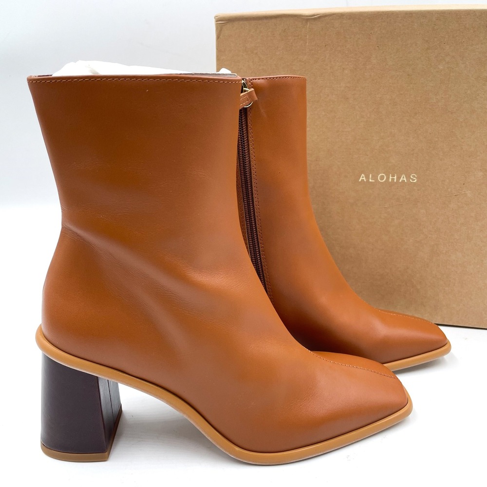 ALOHAS West‎ Cape Vintage Tan Boots Leather Ankle Square Toe Block Heel Sz 7